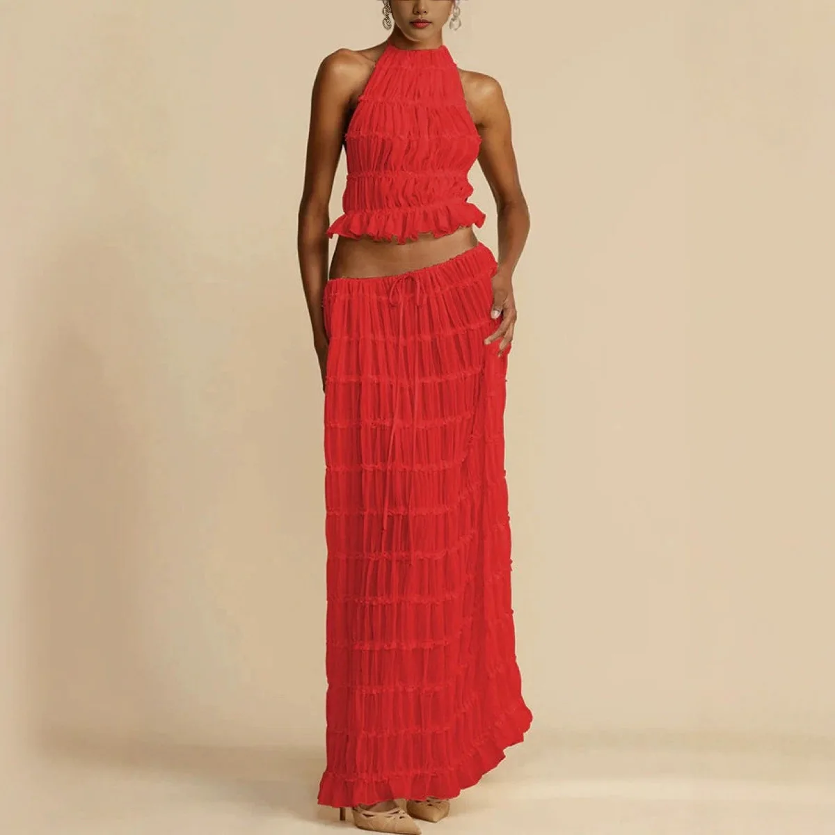 2025 ربيع وصيف موضة جديدة مثير عارية الذراعين الرسن الدانتيل سترة فستان طويل مجموعة #3