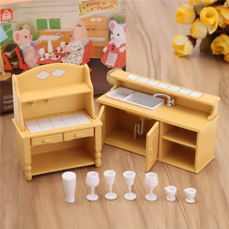 DIY Miniatures Furniture Household Kitchen Dresser Cabinet Dressing Table Sets For Mini Dollhouse Acessories Decor Gift Toy