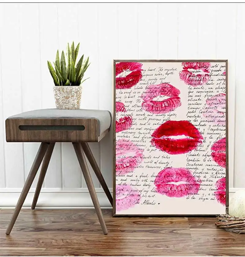 Fashionable Red Lip Kiss Love Canvas Art Printing Retro 1970s Style Wall Modern Living Room Room Dining Room Home Decoration