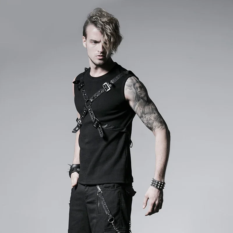 PUNK RAVE Gothic Black 100% Cotton Rib Summer Vest Fashion Chest Crossband Haulage Motor Men Cool