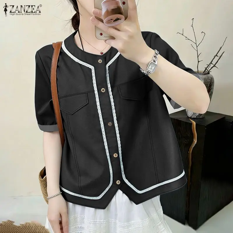 

ZANZEA 2026 Летние женские рубашки из искусственного денима с круглым вырезом, коротким рукавом, кружевной отделкой и пуговицами, повседневные свободные блузки-рубашки для женщин