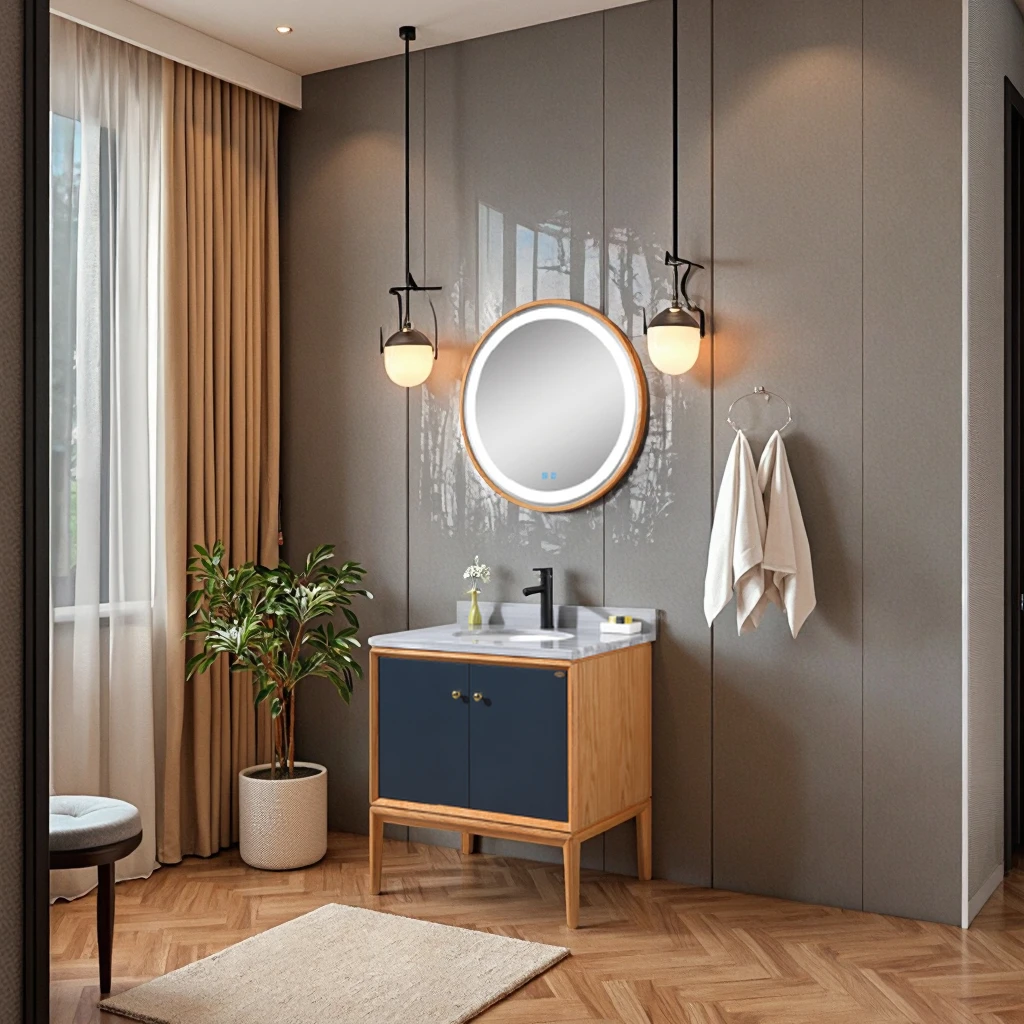 Imagen 6: Mueble de tocador de baño de madera maciza moderno, espejo de baño de pie impermeable para uso doméstico o en Hotel para apartamento