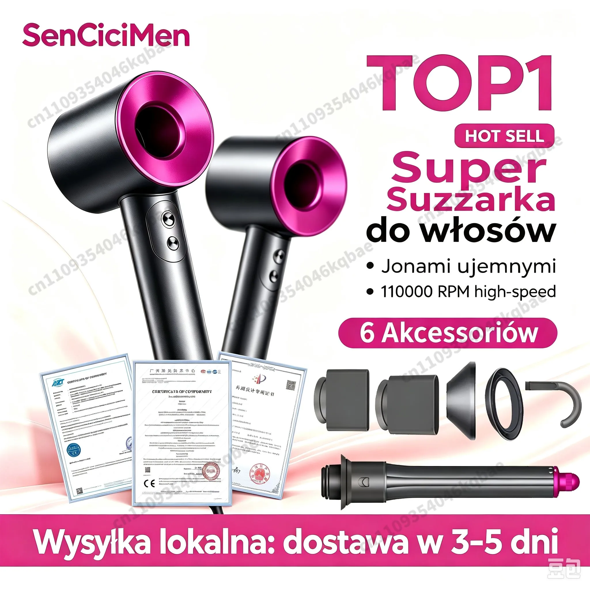 SenCiciMen – wielofunkcyjny suszarka do włosów 6 w 1 z automatycznym systemem uformowania loków, wykorzystująca technologię jonów ujemnych do pielęgnacji włosów. Mocna suszarka do włosów, idealna do