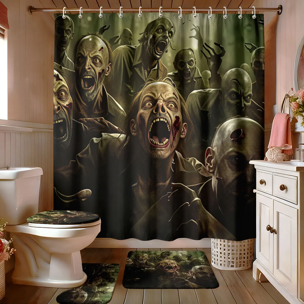 4PCS Horror Zombie Group Printed Bathroom Four-Piece Set, Including Bath Curtain, Toilet Seat Cover, U-Shaped Mat, and Floor