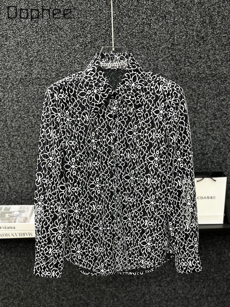 

Летняя мужская рубашка в корейском стиле, свободного кроя, с кружевным дизайном, из тонкой прозрачной сетки, черно-красная, с узором, с защитой от солнца, с длинными рукавами