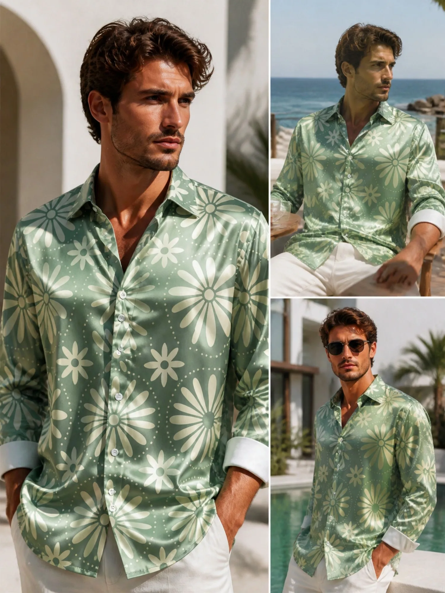 

Mens Satin Long Sleeve Button Down Printed Dress Shirt Soft Smooth Fabric Commute For Workday Office Commute Business Wear