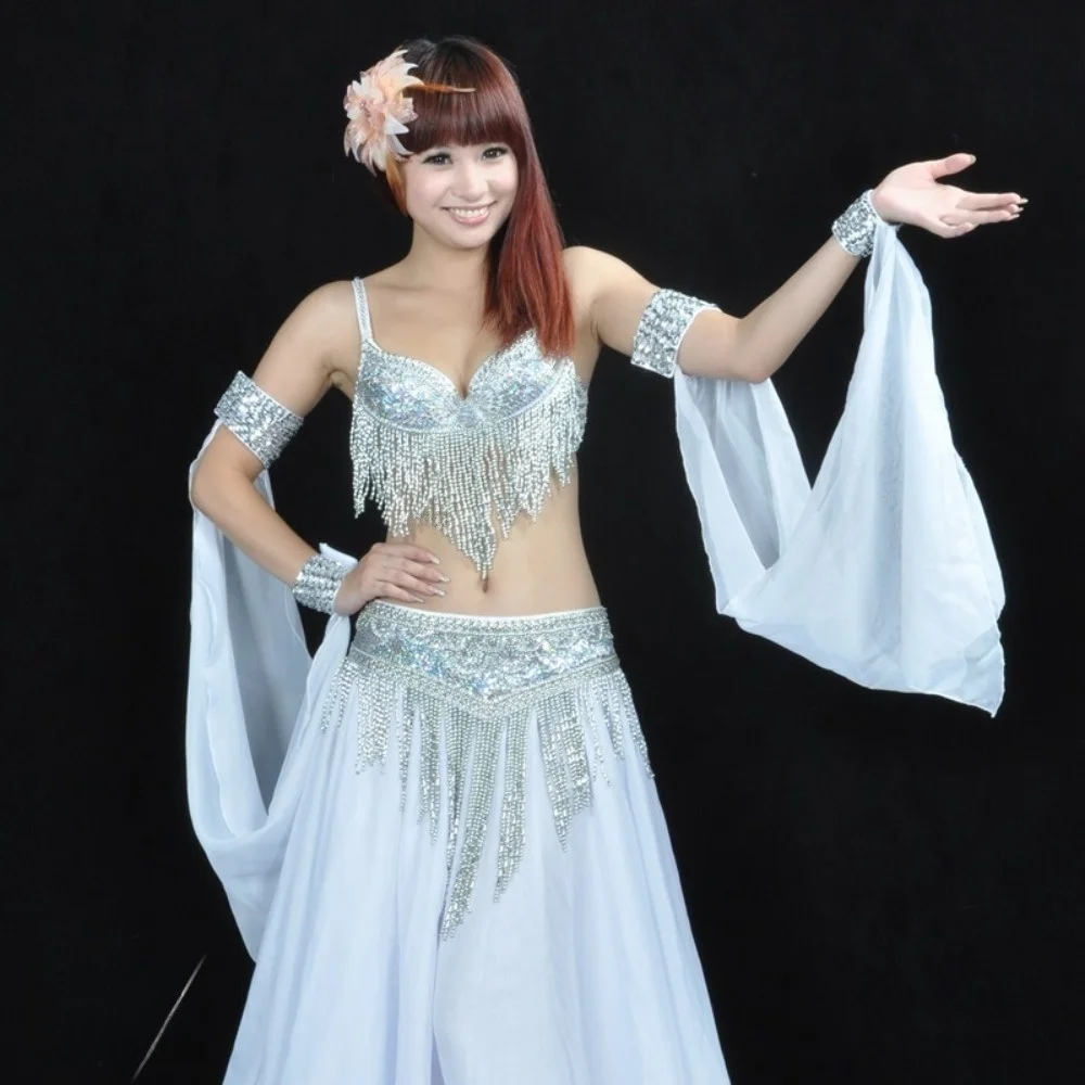 Double Cuff Belly Dance Cuffs Flowy Chiffon Drape Rhinestone Embellished Wrist Cuffs Accessories 1PC Design White Color