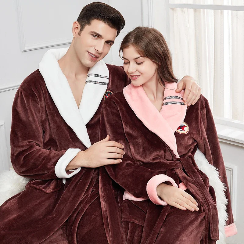 Couple Winter Flannel Robe Nightwear Thick Sleepwear Kimono Bathrobe Gown Pocket Warm Coral Fleece Homewear Loose Loungewear