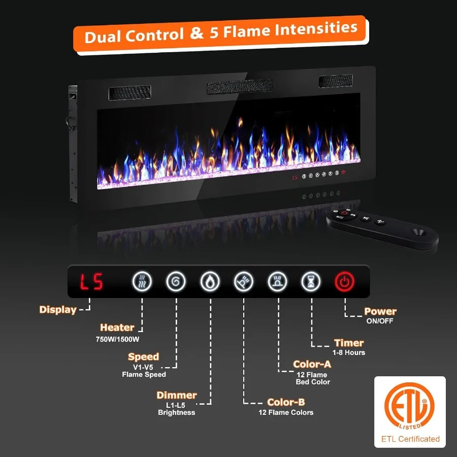 مدفأة كهربائية 50 بوصة، أماكن حريق رفيعة للغاية، مدفأة كهربائية، مثبتة على الحائط مع جهاز تحكم عن بعد #3