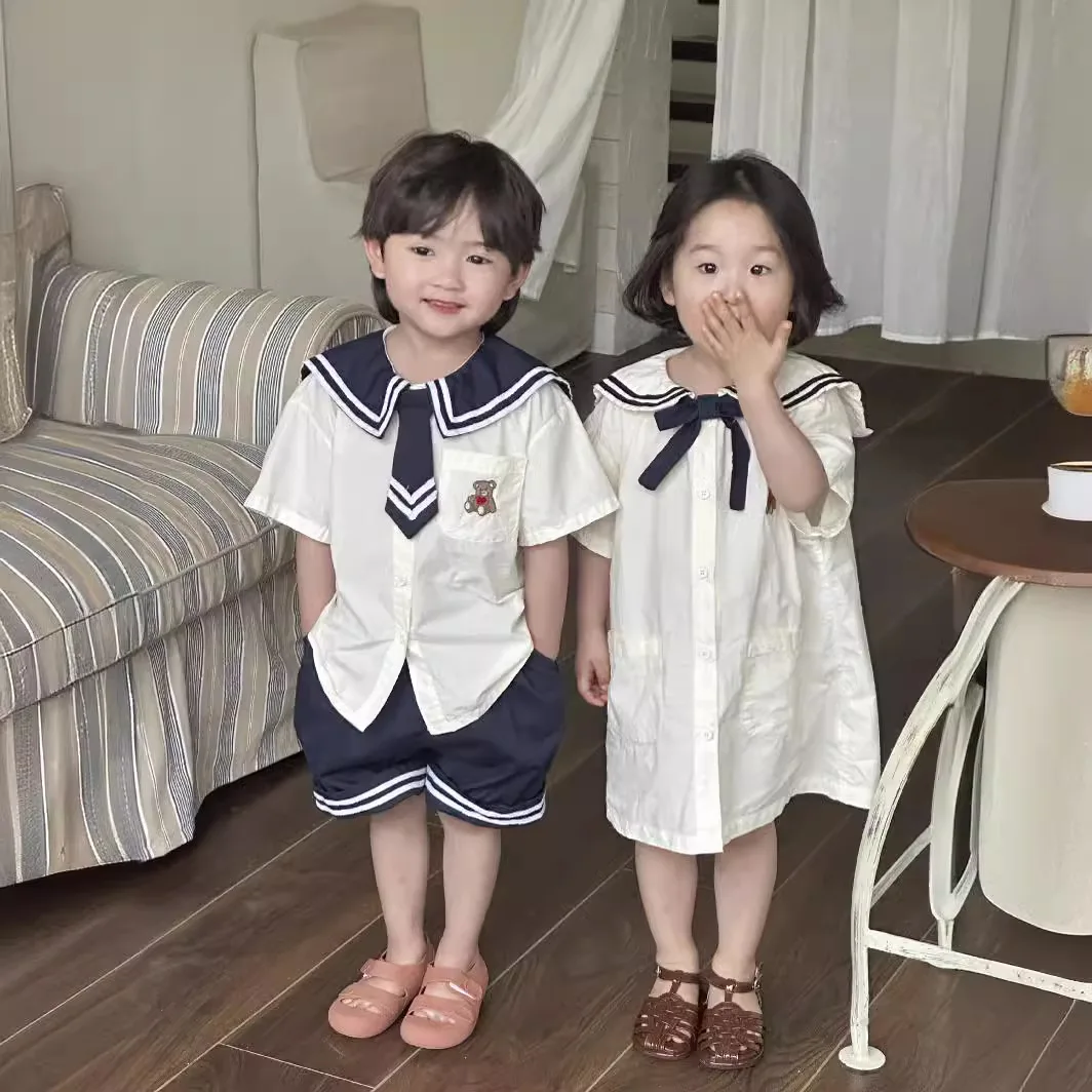 

Twins Matching Clothes Little Girl Sailor Dress Child Boy Shirts and Shorts Two Piece Outfits Sets Brother and Sister Clothing