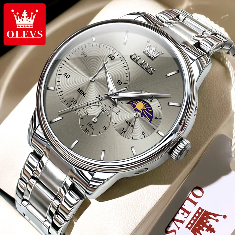 

OLEVS мужские часы 2936, лучший бренд, модные оригинальные кварцевые часы для мужчин, водостойкий хронограф из нержавеющей стали, фаза Луны, 24 часа