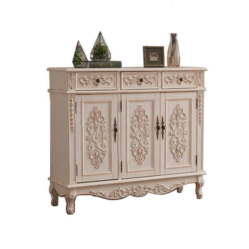 European-style home shoe cabinet, retro white porch cabinet at home entrance, multi-layer locker, side cabinet, solid wood