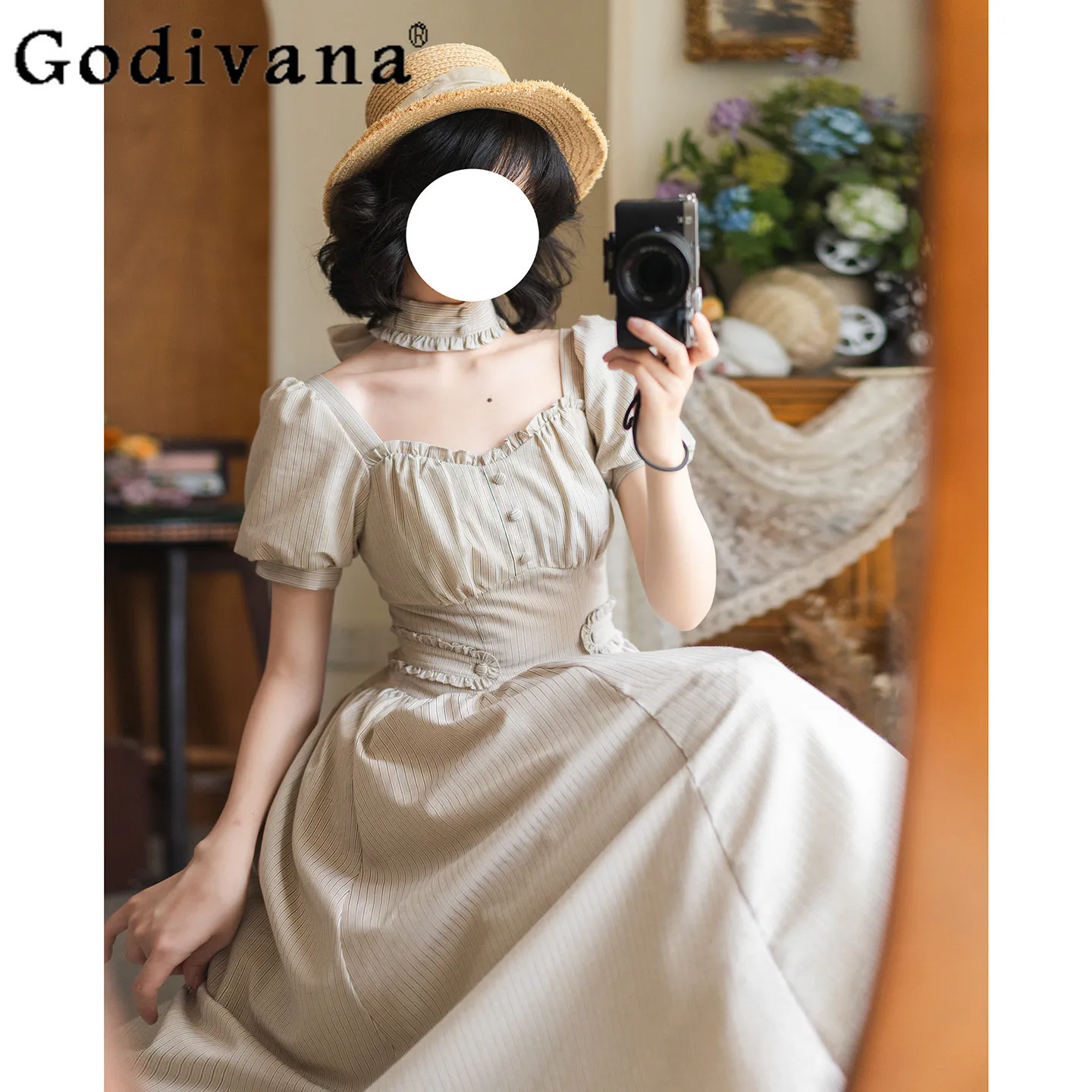 

2026 New French Elegant CLA Series Lolita Summer Cotton Linen Striped Dress Vintage Classic Lady Short Sleeve Dress