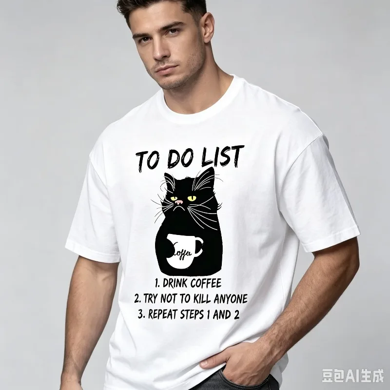 Men’s Funny Cat T-Shirt To Do List Coffee Black Cat Print Modal Soft Casual Coffee Lover Gift Tee