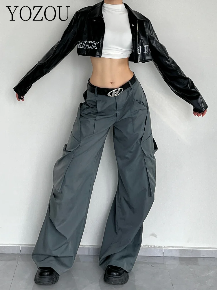 

[YOZOU] Gorpcore Baggy Oversized Wide Leg Cargo Parachute Pants Women Streetwear Trousers Bottoms Female Pink Black Gray Beige