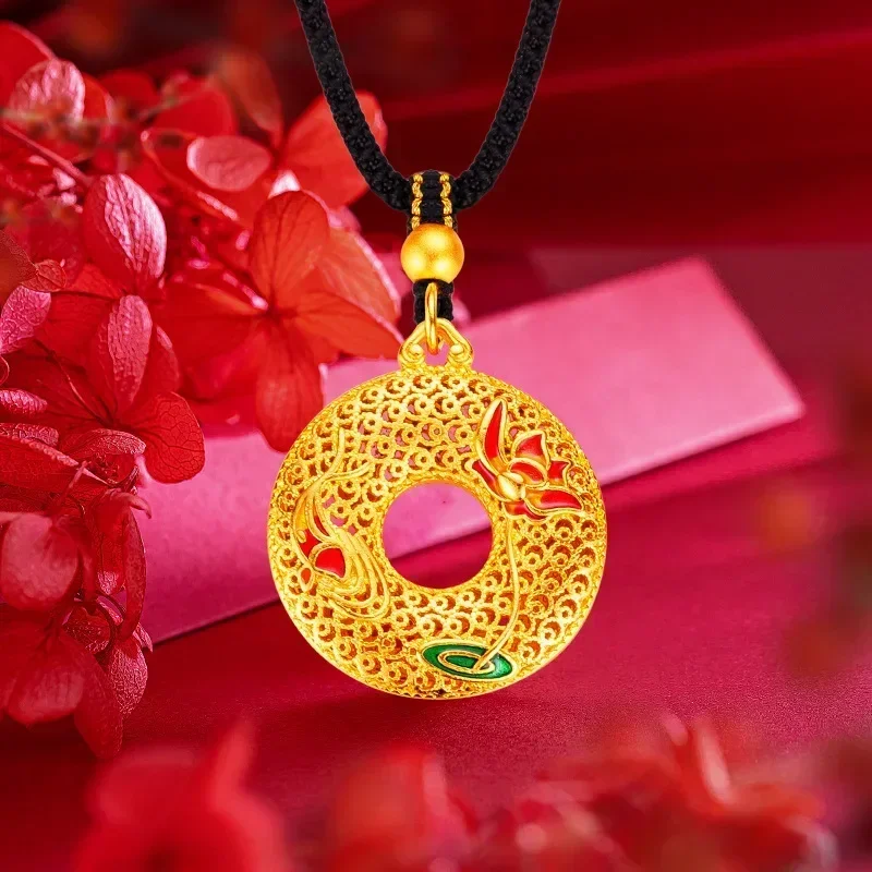 

9999 Real Gold 24K Carp Play Lotus Pendant Ancient Silk Hollow Enamel Color Lotus Fish Safety Buckle