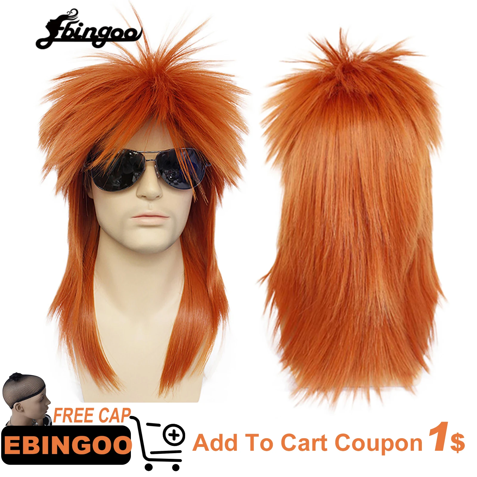 Ebingoo 80s Halloween Costume Rocking Dude Punk Metal Rocker Disco Mullet Synthetic Cosplay Wig Long Straight Orange Rocker Wig