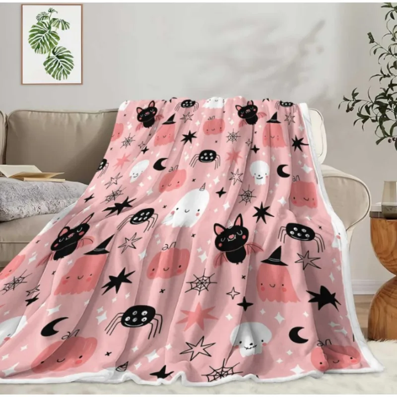 بطانية الهالوين، بطانية أريكة سرير دافئة ومريحة على شكل شبح اليقطين اللطيف الوردي، بطانية من الفلانيل المضحكة