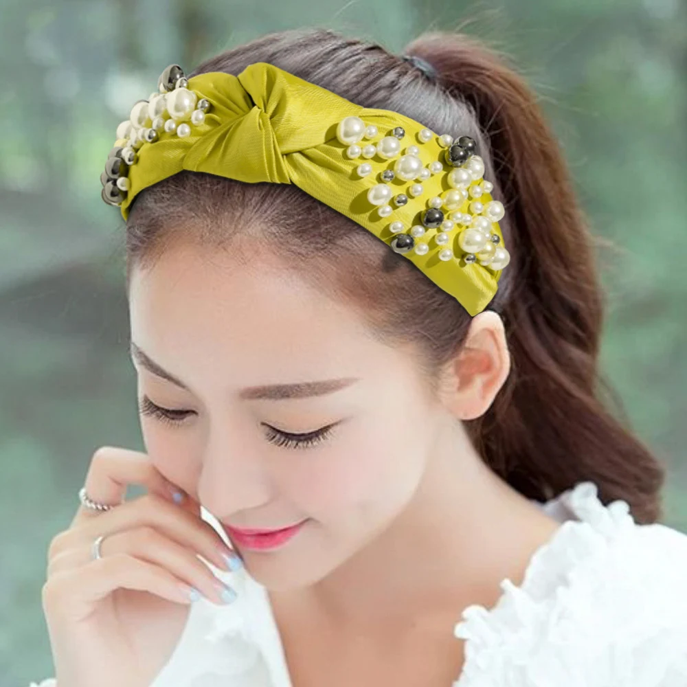 Fashion Wide Pearl Knot Fabric Hair Hoop Knotted Hairband Women Girls Head Band Hair Accessories Makeup Thick Headwear Headdress