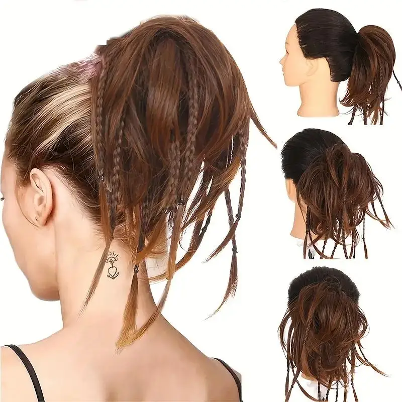 Synthetic Messy Braid Chignon Rubber Band Hair Rope Natural Fake Hair Bun Curly Scrunchie Clip in Hair Tails Extensions