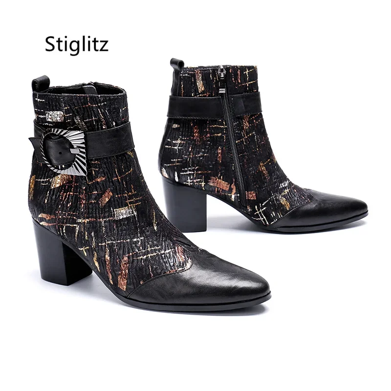 Red Black Prints Men's Ankle Boots Metal Buckle High Heel Boots Zip Genuine Leather Party Catwalk Office Shoes Wear-Resistant