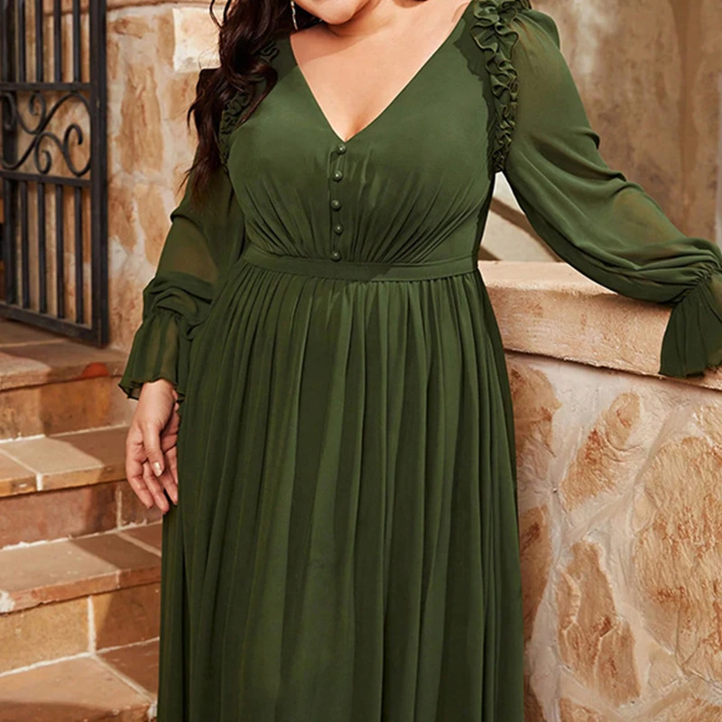 Plus Size Elegant Green Women's V-Neck Dress Large Size Lantern Long Sleeve Skirt Evening Gown Ball Party Maxi Dresses Vestidos