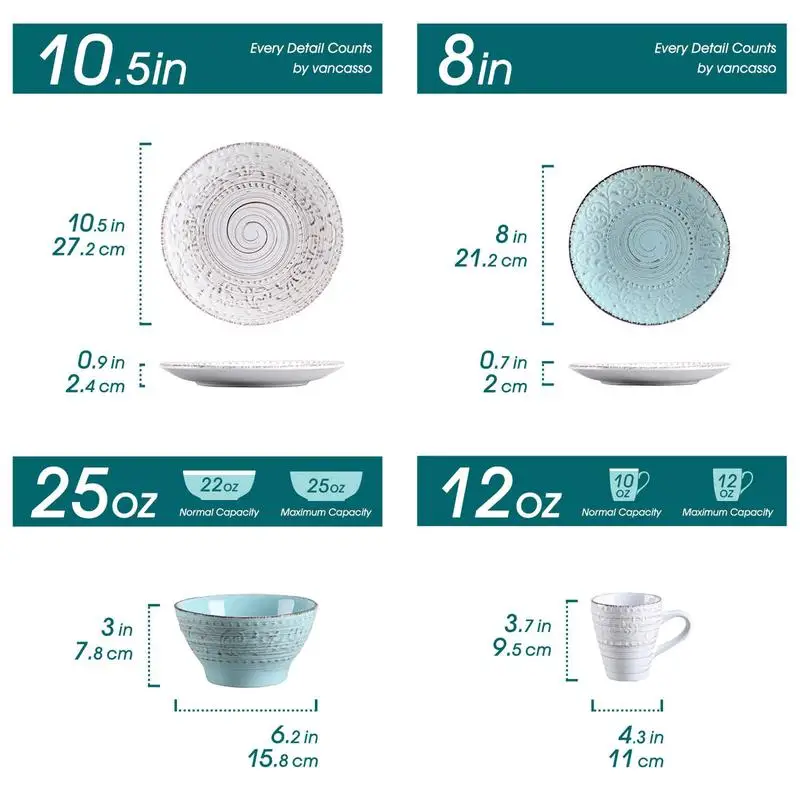 16-Piece Dinnerware Set for 4,Embossed Vine Design with Spiral  Includes 4 Dinner Plates, 4 Side Plates, 4 Bowls, 4 Mugs