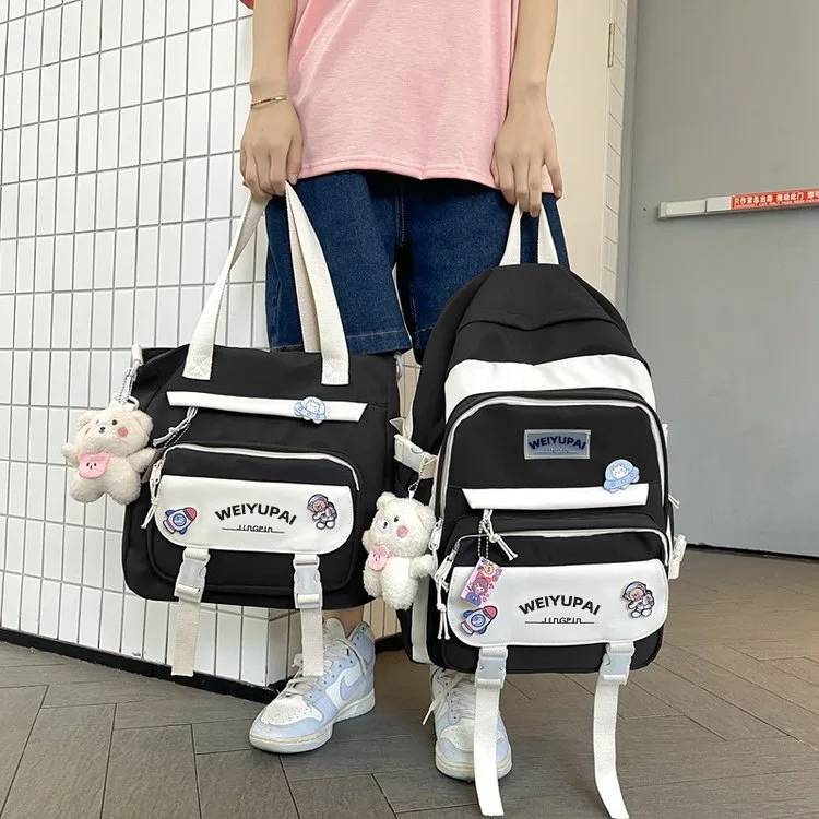 5pcs/set Kawaii Women Backpack Korean Cute Girl Bookbags Large Capacity Teenage Student School Bag Casual Canvas Travel Rucksack