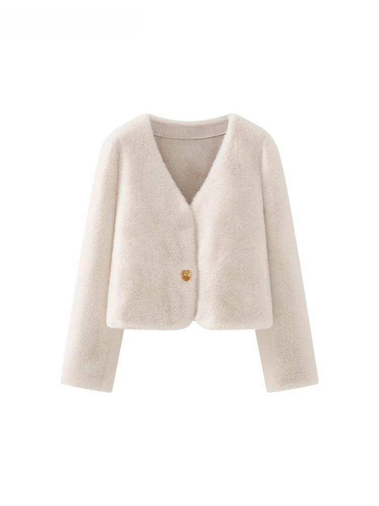 

La Chapelle Winter New Thiened ort Fur Coat Women's V-ne Small Size Eco-friendly Leather ort Top Sweet Sle Loose Fit