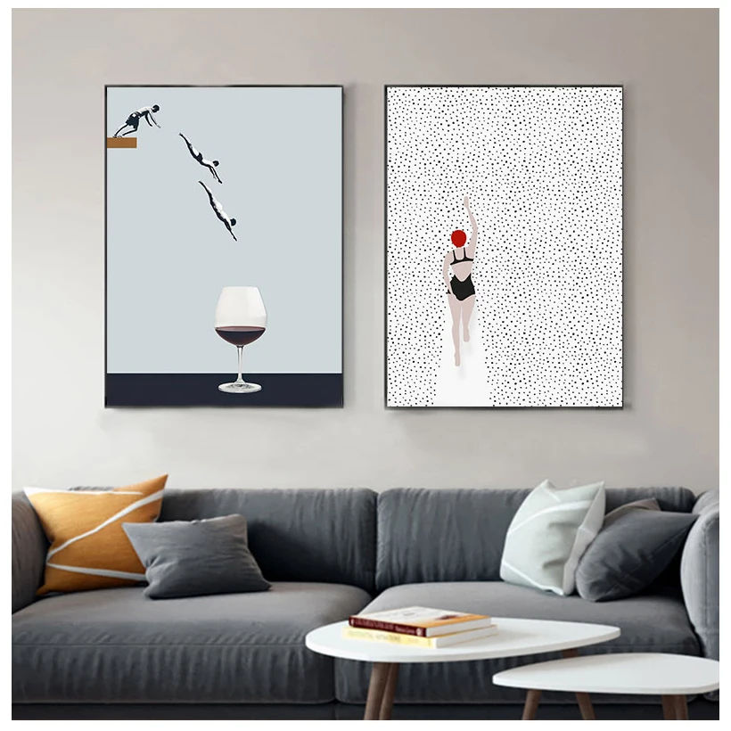 Abstract Nordic Poster Swim Wine Glass Canvas Painting Wall Art Pictures For Living Room  Decorative Prins On The Wall