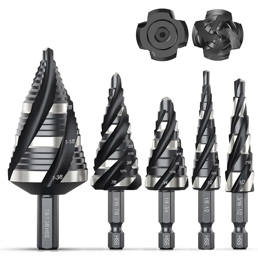 

Four Spiral Flute Step Drill Bit Set, 5 Pcs HSS Step Drill Bits 1 813 8 Unibit Step Drill Bit, 1 4 and 3 8 Shank Step Bits for A