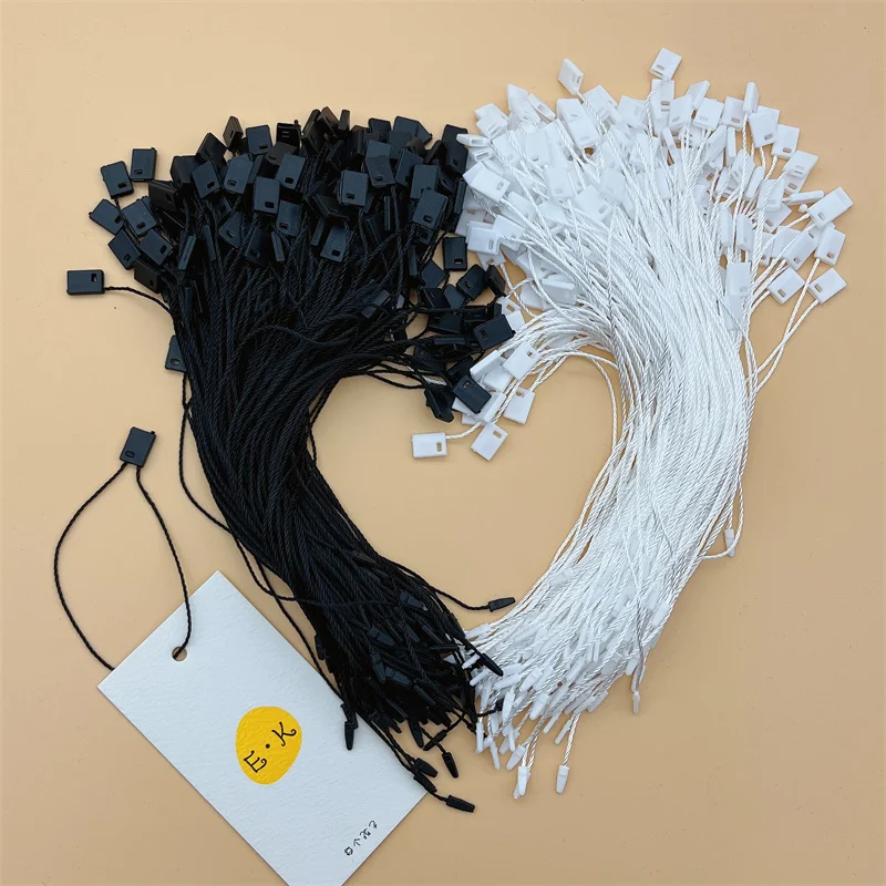 500pc White Black Tag Rope Plastic Square Polyester Rope Snap Lock Pin Loop Fasteners For DIY Garment Bag Tags Cards Accessories