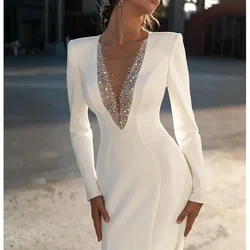 Elegant Mermaid Wedding Dress Shiny Full Sleeve V Neck Vestidos De Novia Modern Sweep Train Wedding Gowns For Bride