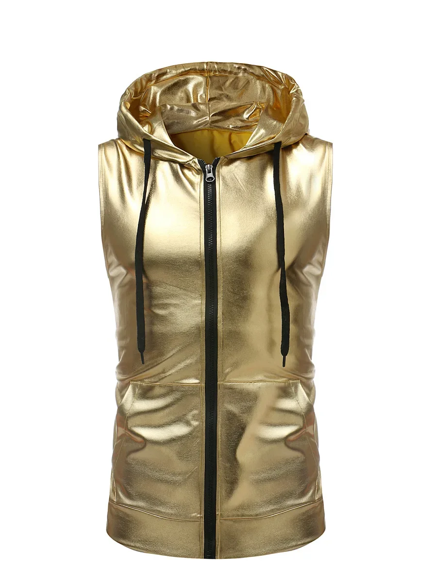 

Fashion Sleeveless Hoodie Men Shiny Gold Silver Black Hooded Tank Top Metallic Zipper Nightclub Party Dance Stage Streetwear