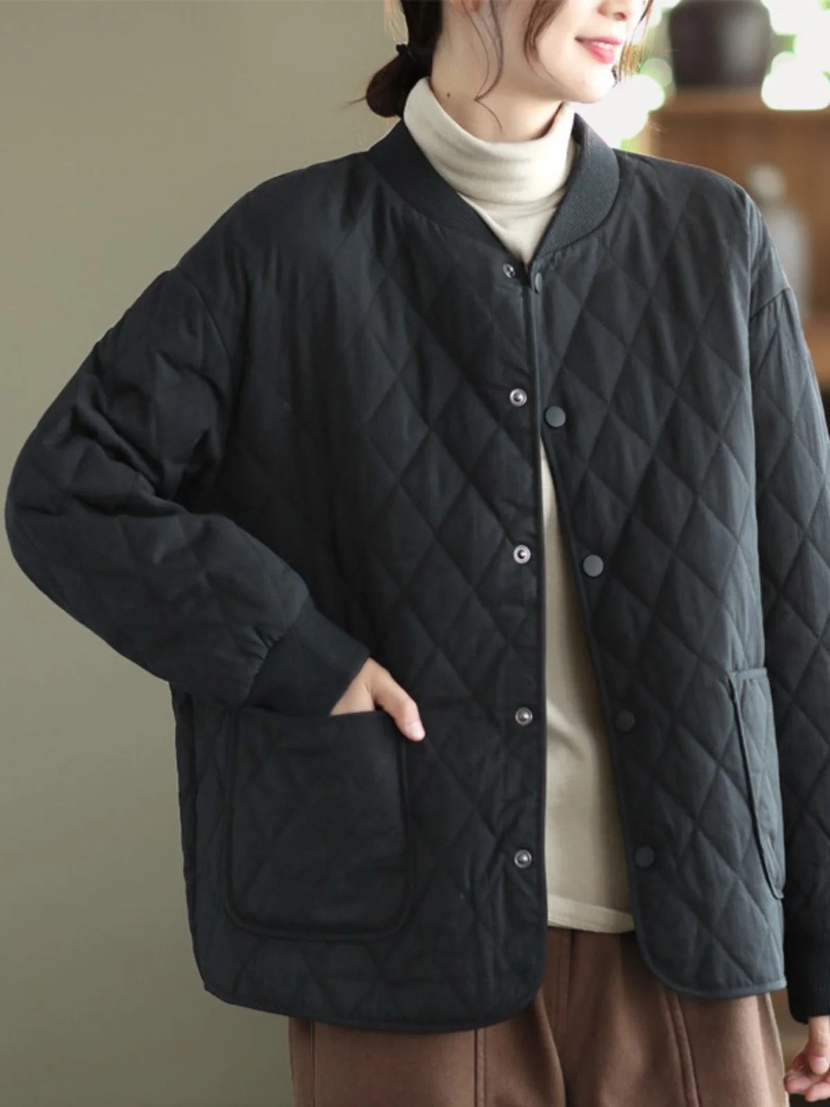 Thickened Warm Retro Loose Cotton Jacket Small Quilted Coat Diamond Pattern Korean Style Long Sleeve Stand Collar Coat