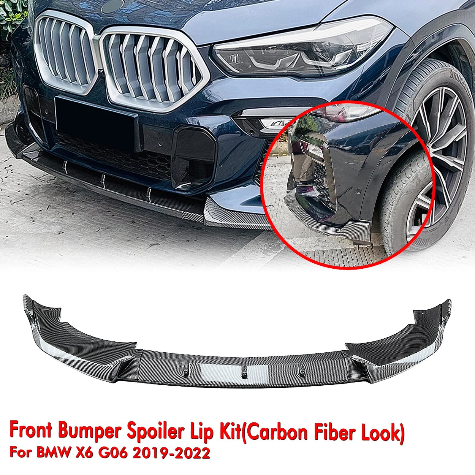 

Front Bumper Spoiler Lip For BMW X6 G06 M Sport 2019-2023 Carbon Fiber Look/Gloss Black Car Lower Body Splitter Protector Kit