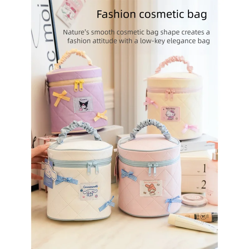 

Sanrio Hello Kitty Kuromi Makeup Bag Cute Bowknot Simple Cartoon Large Capacity Student Macaron Color Portable Storage Bag