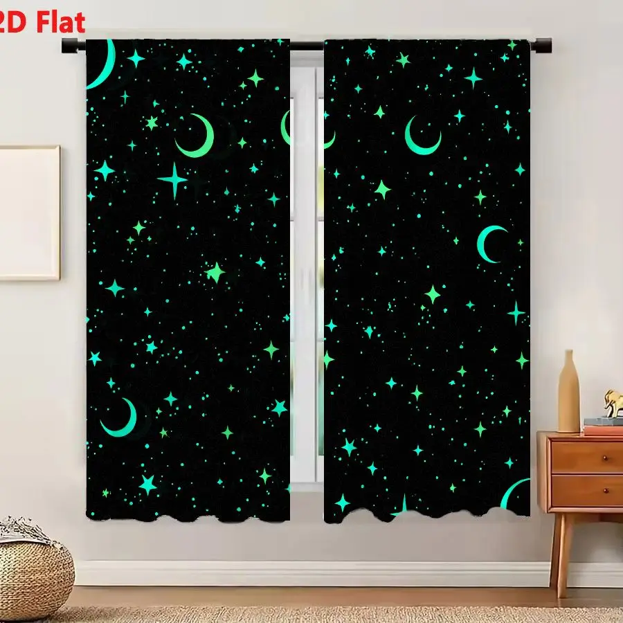2Pcs Curtains 2D Flat Seamless Celestial Pattern With Glowing Green Moons And Stars On Black Background Window Drapes for Bedroo