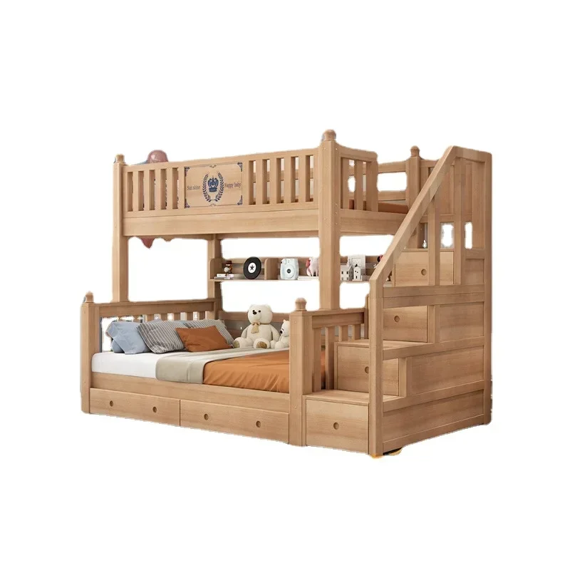 Double decker bed for upper and lower beds, solid wood elevated mother child bed, small unit children's upper