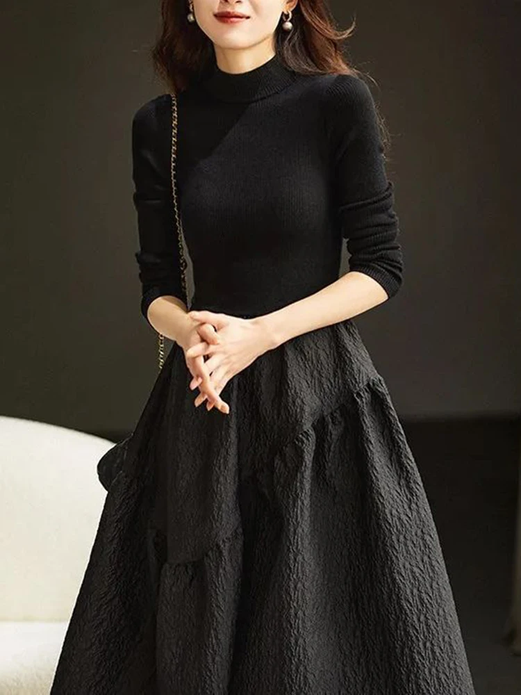 [EWQ] Elegant Women Ldress Ong Sleeve Sweater Patchwork Jacquard Black Elastic Dresses Vestido 2024 Autumn Winter New 16U4961