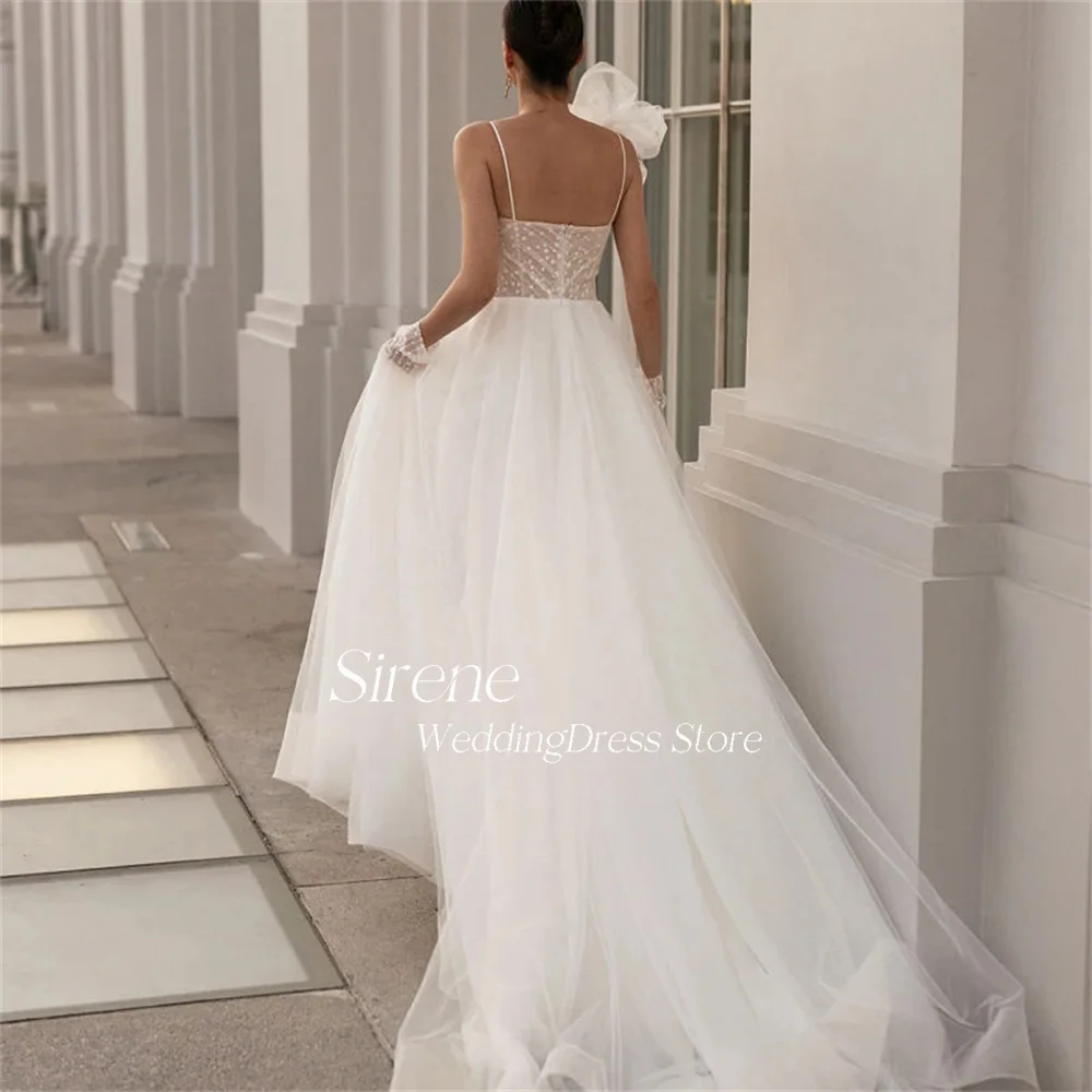 Sirene Elegant Wave point 3D Flower Tulle Wedding Dress Illusion V-Neck A-Line Spaghetti Button Open Back With Bow Bridal Gowns