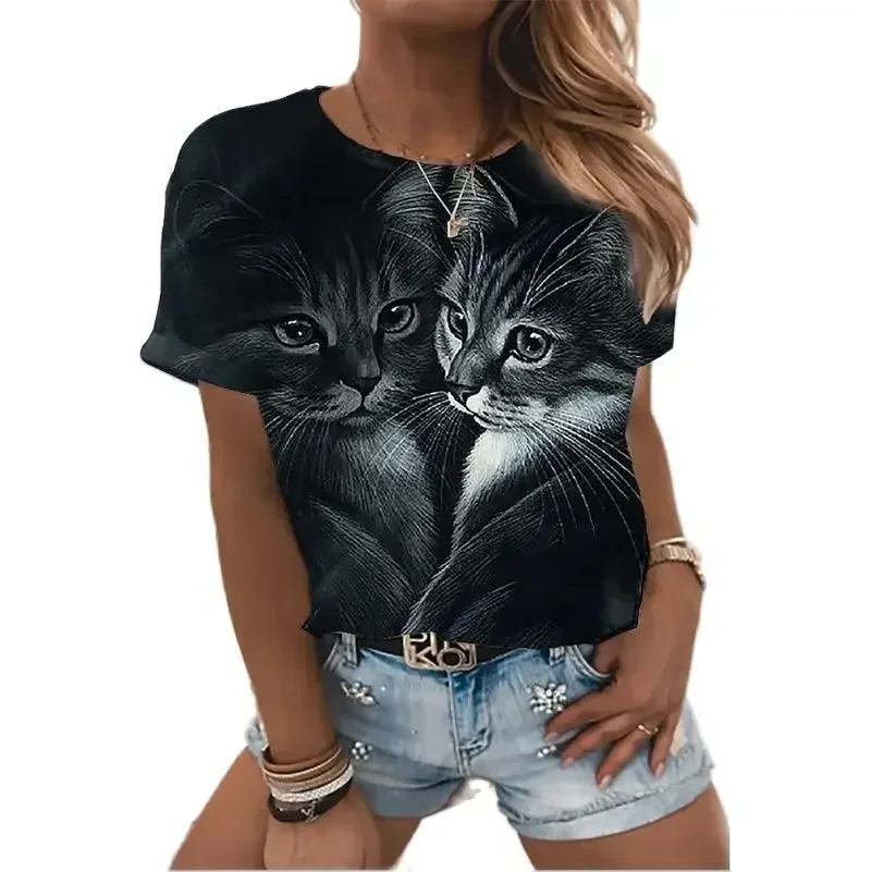 Fashion Woman Blouses 2022 T-shirt Women's 3d Cats Print Black Kawaii T Shirt Female Clothing Oversized Summer Top