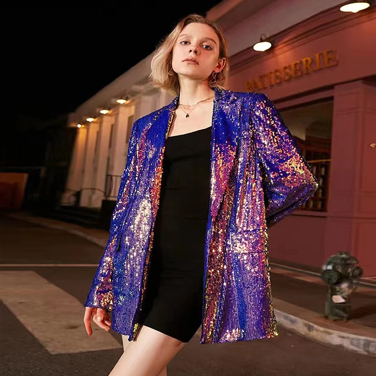 S-3XL High Quality New Fashion Sequins Colorful Polo Collar One Button Long Sleeve Fit Shiny Clothing Coat Women Blazer