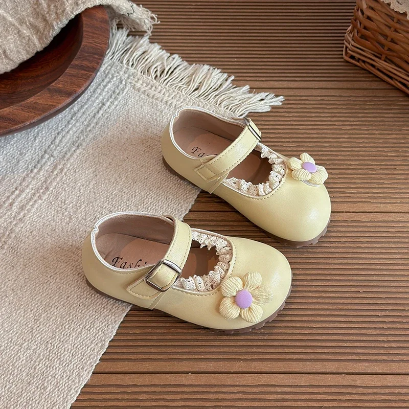 Toddler Girls Floral Mary Jane Shoes Lace Trim Magic‑Tape Soft Flat Princess Dress Shoes