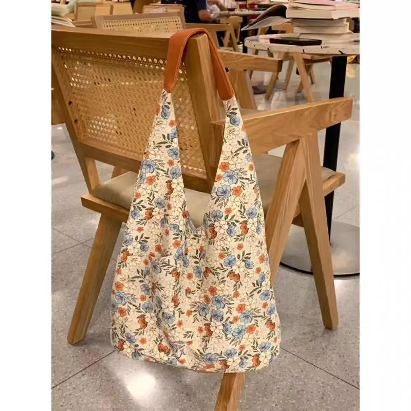 Floral canvas shoulder bag high value versatile retro large capacity tote bag