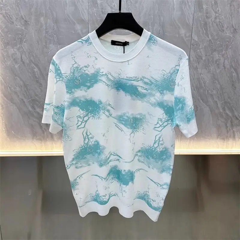 2024 Summer Personality Trend Slim Handsome Letter Jacquard Weave Printing Short Sleeve Round Neck Short Sleeve Tie Dye T-shirt