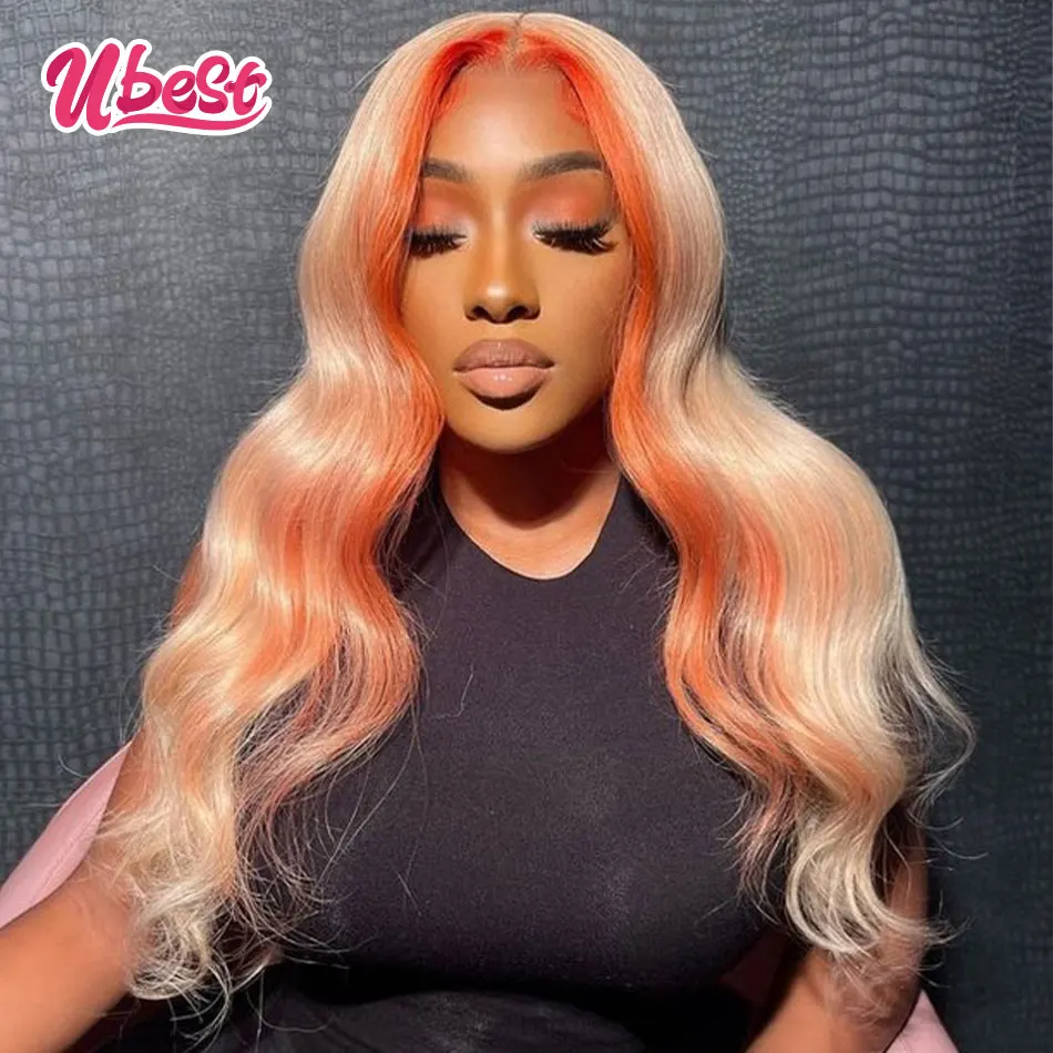 Ubest #613 Body Wave 13x6 Lace Front Wigs Light Orange Colored Human Hair Pre Plucked Transparent 180% Density Closure Lace Wigs