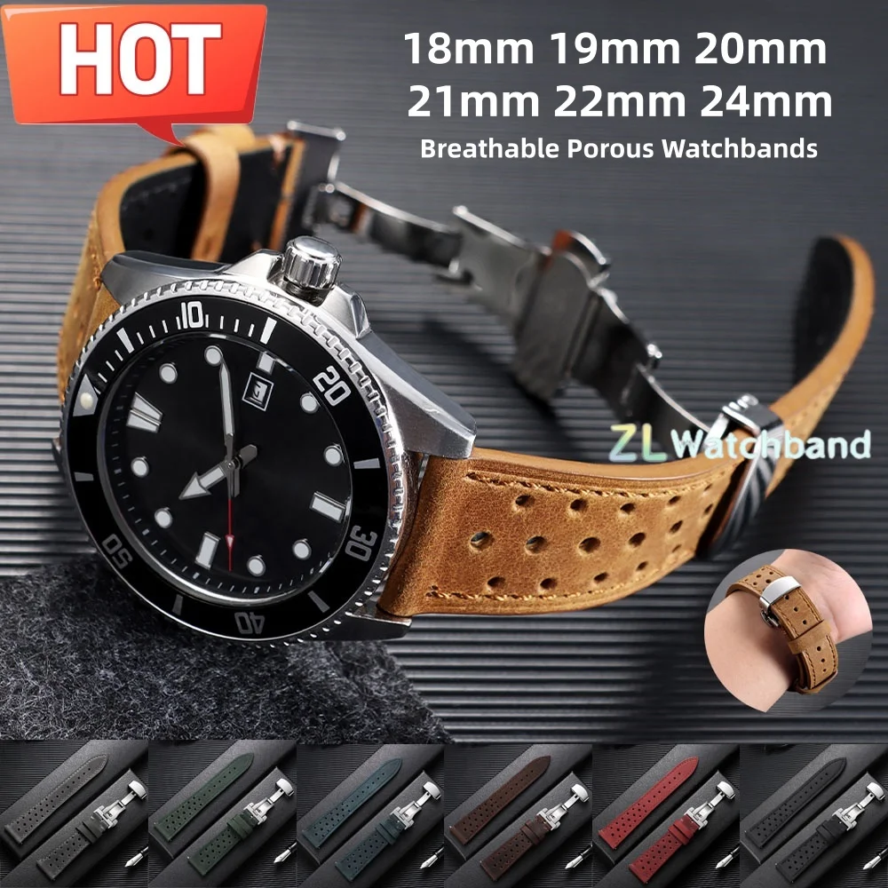 Vintage Racing Leather Watch Strap 18/19/20/21/22/24mm Quick Release Strap Butterfly Buckle Brown Breathable Porous Watchbands