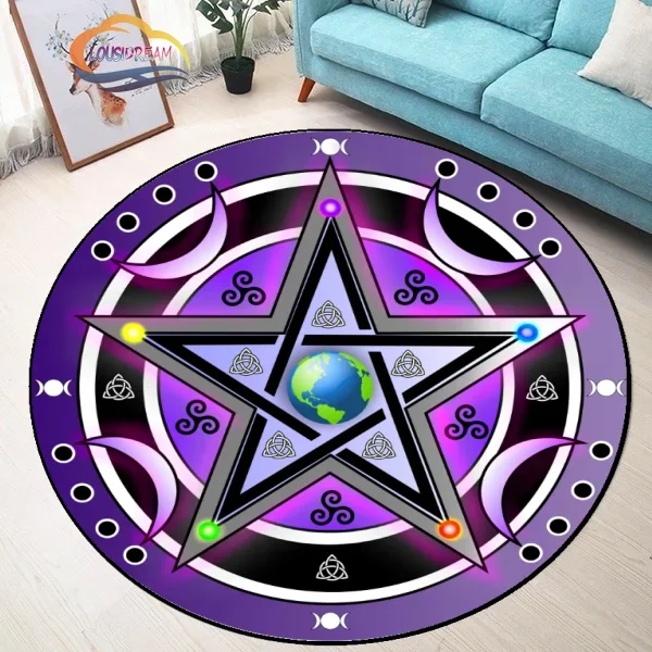Pentacle Symbol Rug, Pentagram Patterned Round Carpet, Satan Devil\'s Trap, White on Black Supernatural Carpet