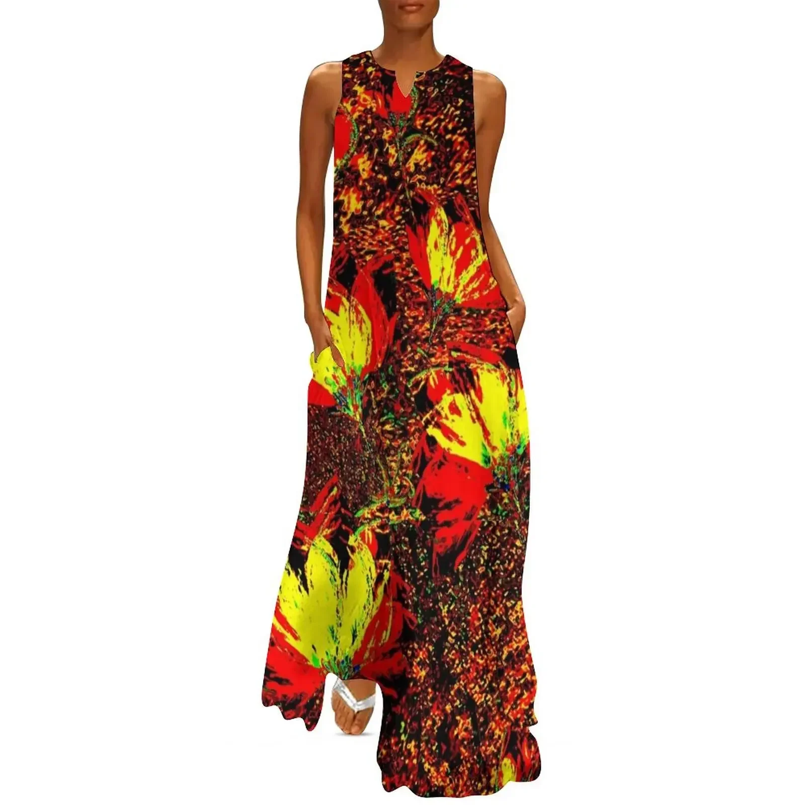

fire flowers, red yellow orange, seamless pattern Long Dress cocktail dresses long dress women dress summer